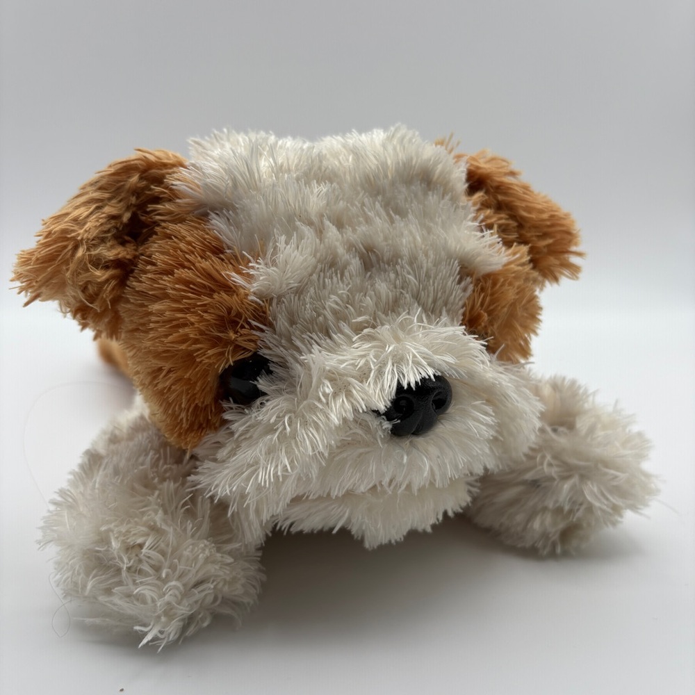FAO SCHWARZ Brown  and White Puppy Dog Plush Laying Down 10”